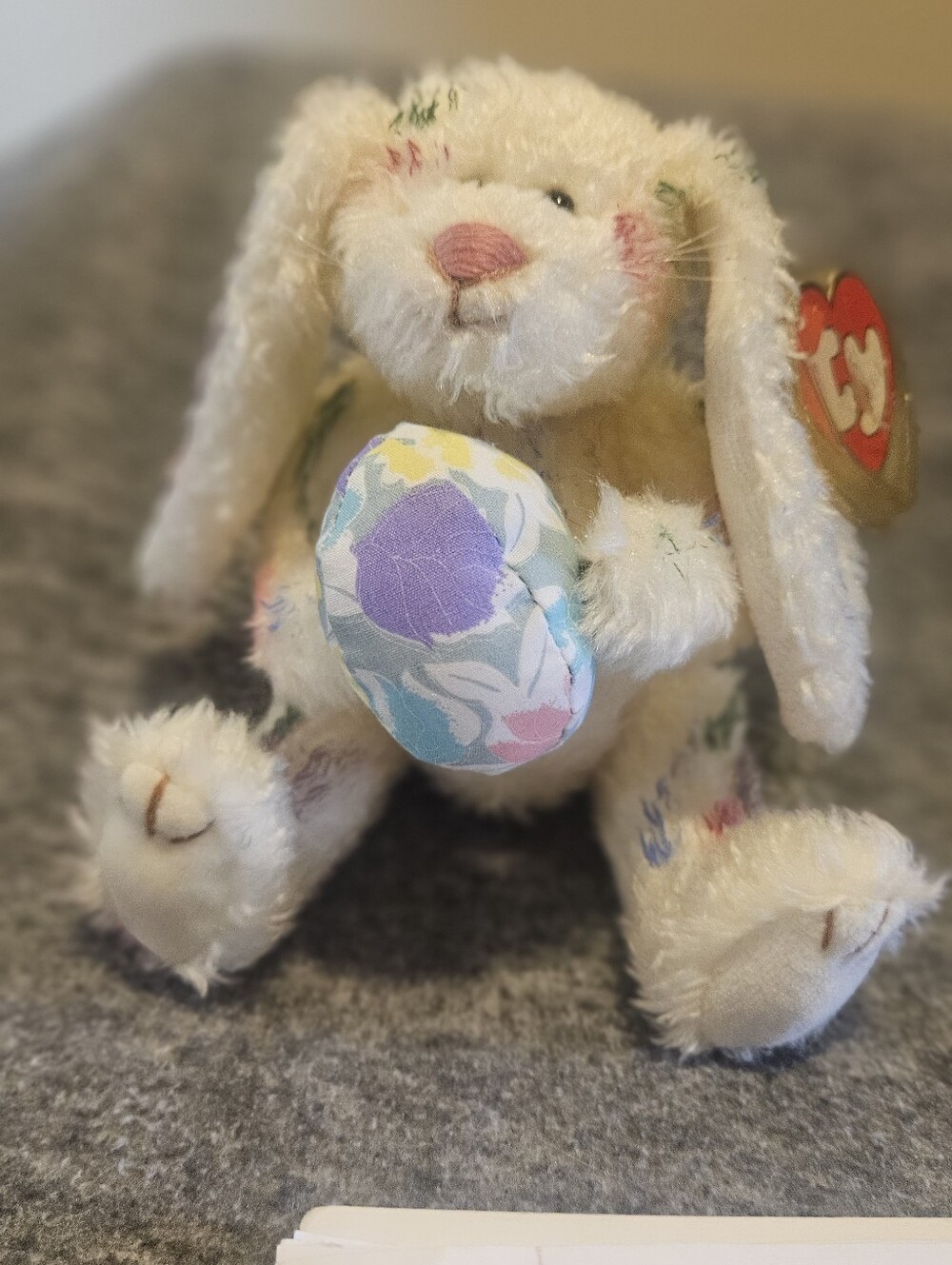 Ty Plush Bunny with Pastel Floral Egg - Cream Fur, Pink Nose 1993